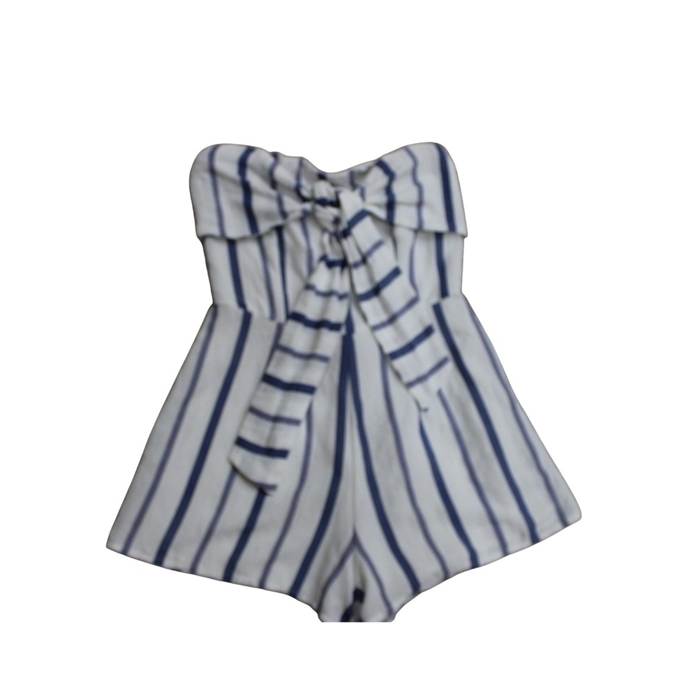 Fashion Nova Romper Womens XS White Blue Excellent Striped Strapless Tie Front